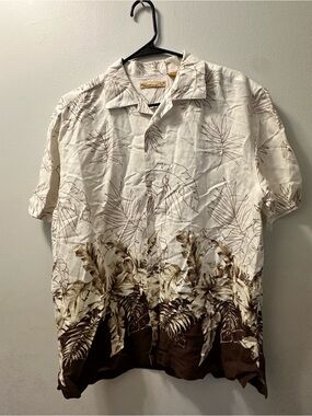 Casual Short Sleeve Tropical Print Camp Shirt - White & Brown